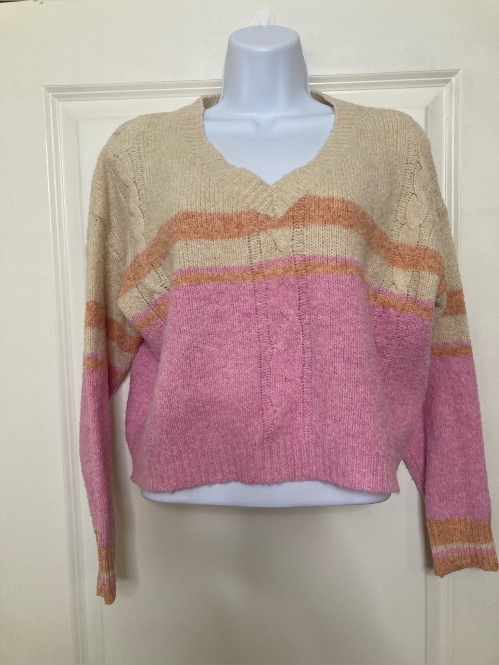 Stitch + Feather Miranda Pink Striped Sweater Cropped Preppy Size S
